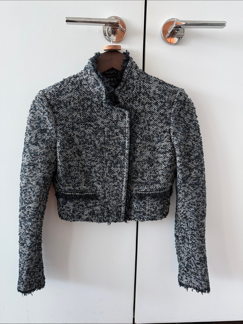 Theory Cropped Herringbone Navy Myleen Tweed Jacket Size 0